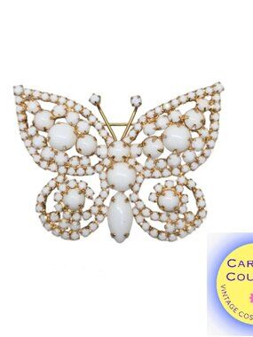 Vintage 1960s Signed Napier Goldtone & White Rhinestone Butterfly Brooch